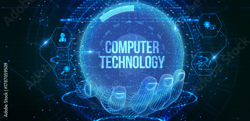 IT consultant presenting tag cloud about information technology. 3d illustration