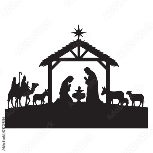 Classic black silhouette of the sacred Nativity scene, featuring Mary, Joseph, baby Jesus, wise men, shepherds, animals, and guiding star