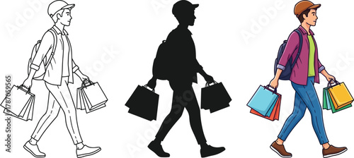 Young woman walking with shopping bags, available in line art, silhouette, and color