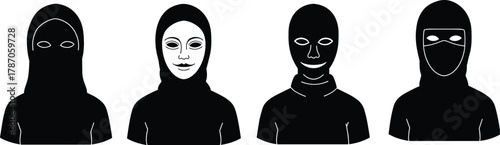 Set of stylized head coverings worn by diverse individuals, showcasing cultural, religious, and practical face veil styles in black and white