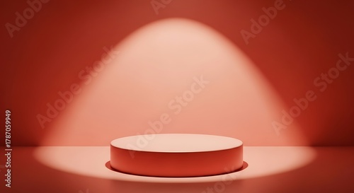 Empty red cylinder podium stage illuminated by a soft spotlight in a dim room