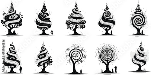 Abstract Linear Sketches of Surreal Forests with Spiral Trees and Flowing Shapes on White Background Illustration