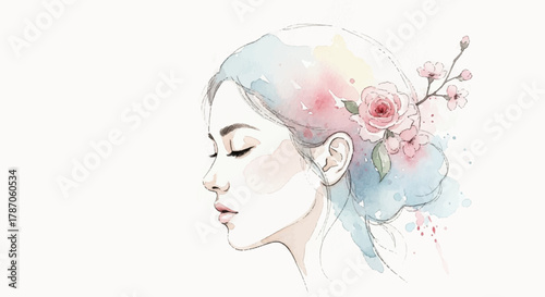 Modern Aesthetic Watercolor Portrait of a Serene Woman with Cherry Blossoms in Her Hair, Delicate Brushstrokes