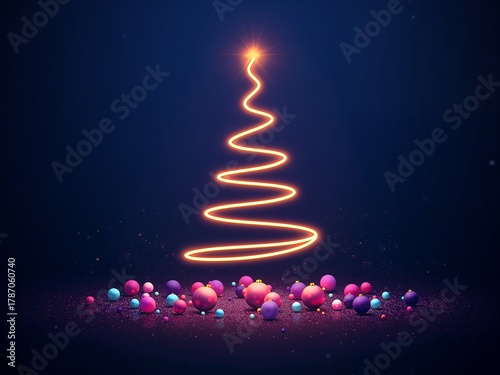 An abstract Christmas tree made of a glowing orange light, with colorful baubles on a dark, glittering background.
