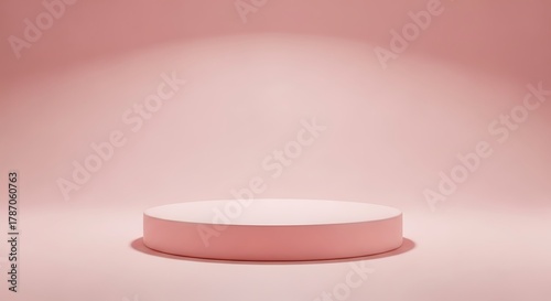 Minimalist pink podium with soft spotlight on a pastel pink background