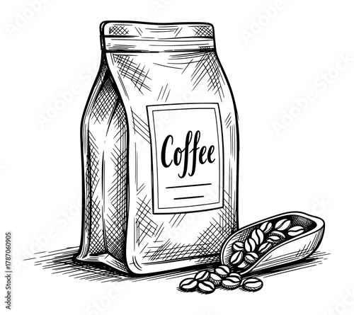 Hand-Drawn Coffee Bag with Beans in Vintage Engraving Style. Vector Illustration for Artisanal Branding.