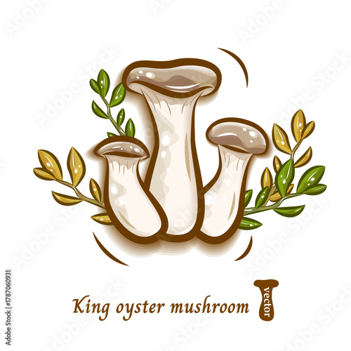 エリンギと森の葉のイラスト｜キノコのポップでかわいいベクター素材