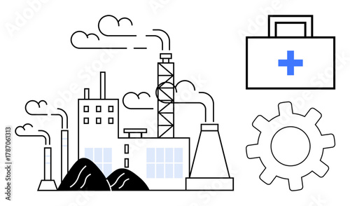 Factory buildings with chimneys emitting smoke, first aid case with medical cross, and gearwheel. Ideal for industry, manufacturing, safety, health, teamwork sustainability innovation. Simple flat