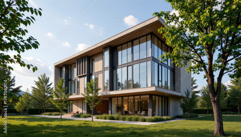 Fototapeta premium Modern house glass facade contemporary architecture minimalist design large windows green lawn sunny day luxury home wood panel tree shade Modern