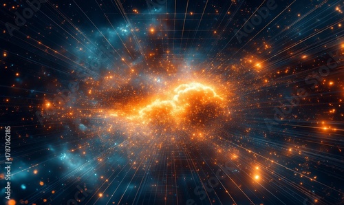 Abstract cloud in cyberspace with a grid structure representing connectivity. The digital matrix symbolizes global internet communication and data sharing, integral to the digital, Generative AI
