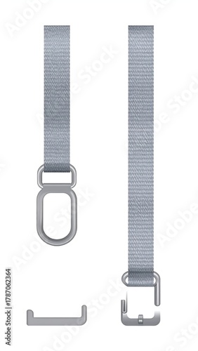 Metallic, gray strap components arranged on a stark white background