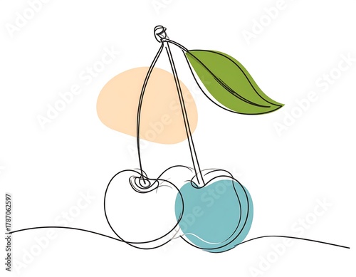 Minimalist line art of cherries with pastel color accents and a single leaf