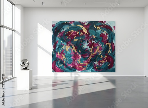 Modern art gallery interior, featuring a large abstract painting with teal, magenta, and gold swirls, plus a metal sculpture