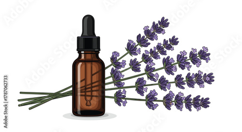 A brown dropper bottle of lavender essential oil stands beside fresh lavender flowers, symbolizing natural aromatherapy and relaxation.