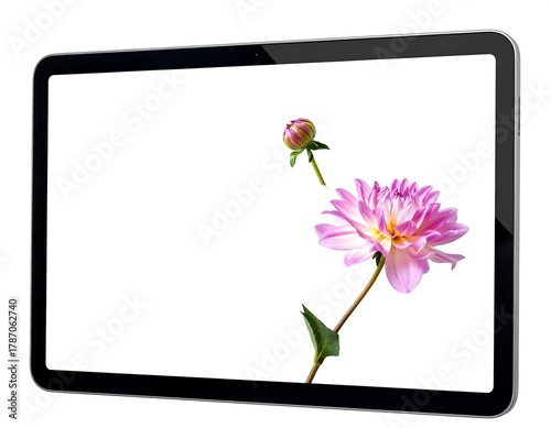 Modern black tablet displaying a vibrant pink flower with a white background