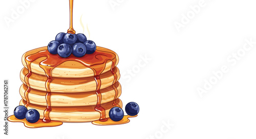 Delicious stack of golden pancakes with fresh blueberries and warm maple syrup pouring over, creating a tempting breakfast scene.