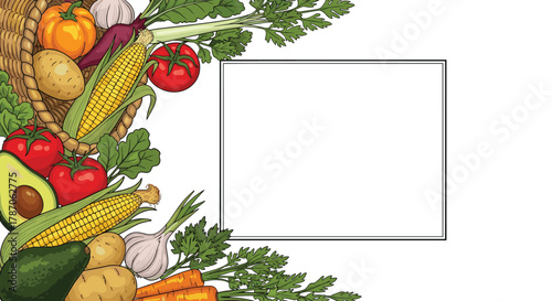 A fresh and healthy assortment of garden vegetables including corn, tomatoes, potatoes, and avocado, spilling from a woven basket to form a decorative corner frame.
