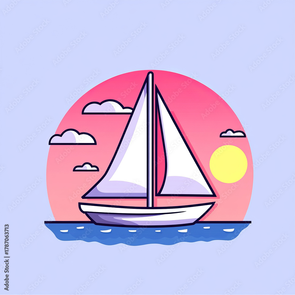 Fototapeta premium Sailboat sailing on calm sea with sunset, pink sky, clouds, and sun, peaceful mood