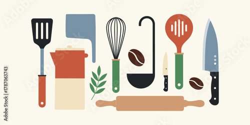 A charming array of modern kitchen utensils and essential cooking tools, presented in a minimalist flat design illustration for culinary and baking concepts