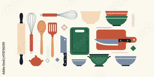 A modern and minimalist flat lay illustration featuring a diverse collection of kitchen utensils