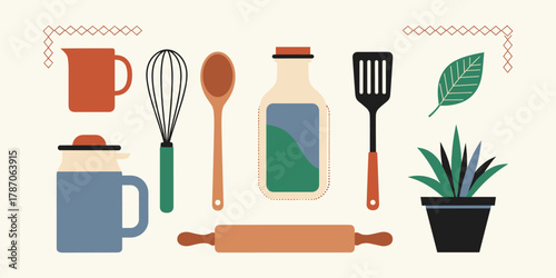 Set of essential cooking and baking utensils with a houseplant, depicted in a stylish modern flat design vector illustration