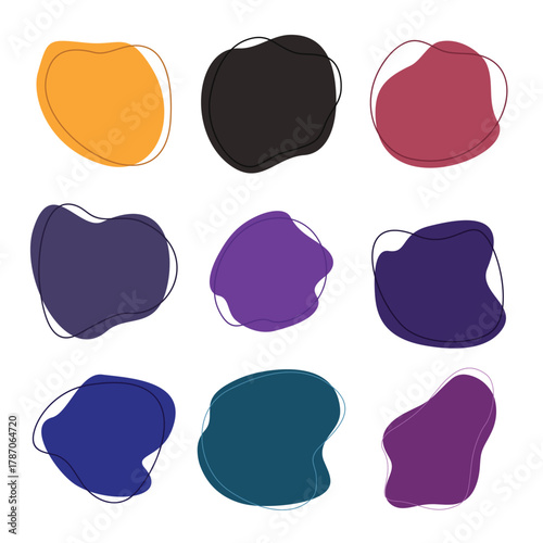 Collection of nine abstract organic shapes with hand drawn outline in various vibrant colors