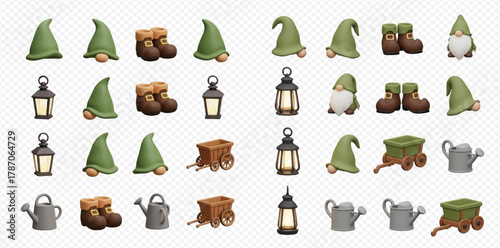 A collection of whimsical garden gnome accessories and tools, including hats, boots, lanterns, carts, and watering cans.