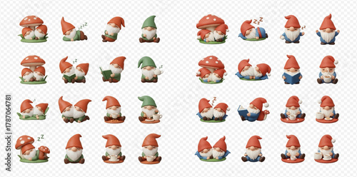Set of adorable cartoon gnomes and red mushrooms in different playful poses and arrangements, perfect for whimsical designs.