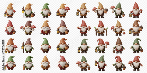 A large collection of cute cartoon gnomes with various colored hats and accessories like lanterns, mushrooms, and walking sticks, on a transparent background.