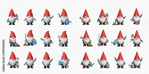Collection of 3D rendered garden gnomes in various poses and holding gardening tools, such as shovels, spades, watering cans, and rakes, on a transparent background.