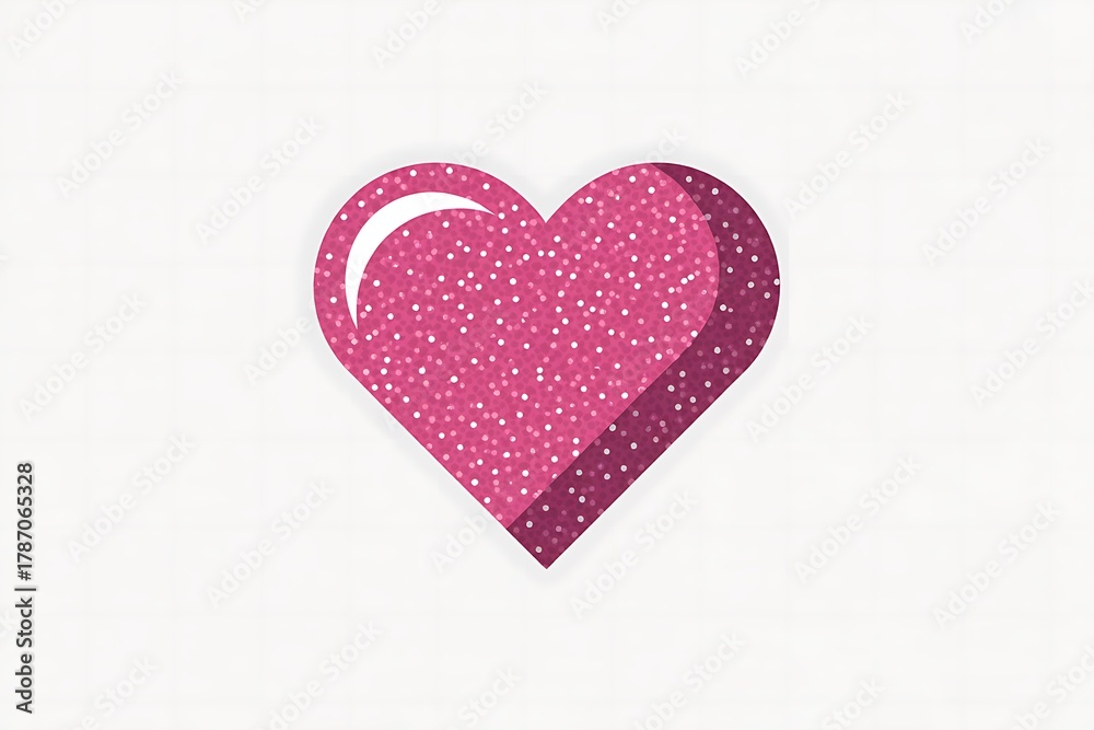 Fototapeta premium Pink Glitter Heart with Subtle Shadow and White Background Overlay Keywords: heart, pink, glitter, sparkle, love, romance, celebration, Valentine's Day, symbol, icon, graphic, design