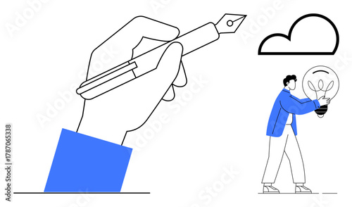 Large hand holding a fountain pen, small man carrying a glowing lightbulb with plant, and cloud figure. Ideal for creativity, innovation, sustainability, teamwork, ideation, growth and planning