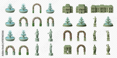 Collection of miniature garden and architectural elements including fountains, arches, classical statues, and buildings on a transparent background.