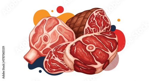 Various cuts of fresh, raw red meat, including steaks, roasts, and bone-in pieces, presented in an illustrative style with abstract shapes.
