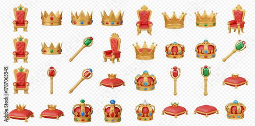 Collection of golden royal crowns, majestic thrones, and ornate scepters with jeweled details on a transparent background.