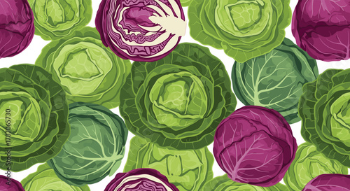 A vibrant seamless pattern features an assortment of fresh green and red cabbages, some whole and some cut, on a clean white background.