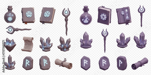 Collection of fantasy magic items, including potions, spellbooks, staffs, glowing crystals, ancient scrolls, and runestones, rendered in a stylized manner.