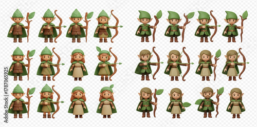 Collection of adorable fantasy elf characters, male and female, with forest-themed attire and weapons, including archers and staff-wielders.