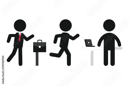 Pictorial stick figures show business scenarios from standing to running towards work, with transparent background