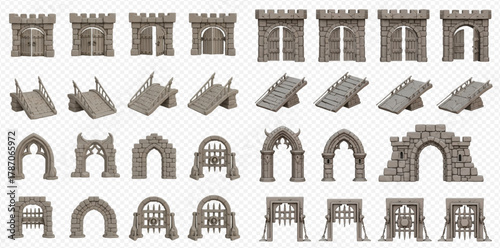 Collection of medieval stone castle elements including walls, gates, bridges, and arches on a transparent background.
