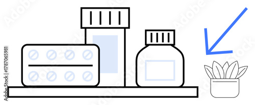Medicine bottles and pill blister pack on a shelf next to a potted plant under a blue arrow. Ideal for health, wellness, pharmaceuticals, medical care, nature, sustainability, balance, simple flat