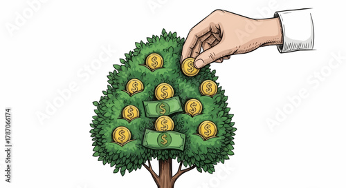 Hand planting coins on money tree representing financial growth and investment.