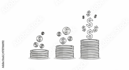 Hand-drawn illustration of growing stacks of coins with dollar signs falling.