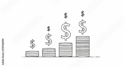 Growing stacks of coins with dollar signs indicating financial growth.