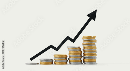 Rising Stack of Coins with Upward Arrow Symbolizing Financial Growth.