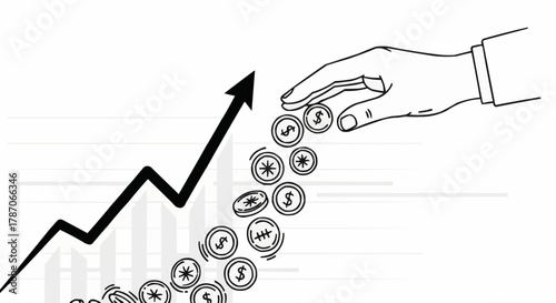 Hand dropping coins with upward arrow representing financial growth and investment.