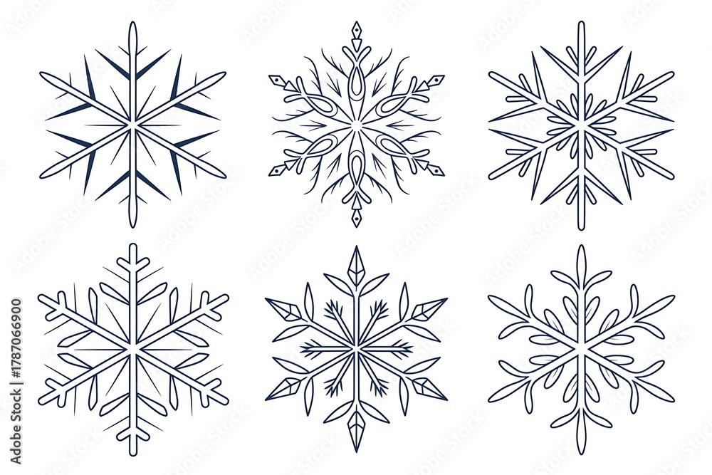Obraz premium Six intricate blue line art snowflakes on a white background winter cold