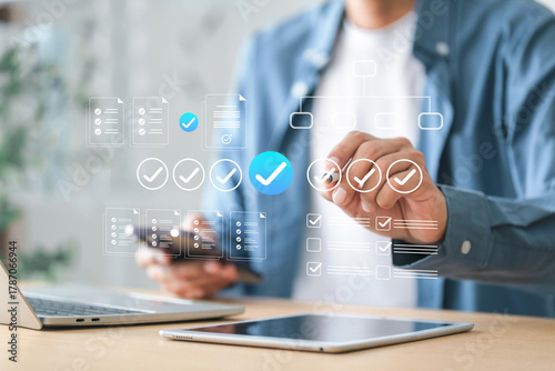 Document management concept , Businessmen check electronic documents approval and quality control online compare statistical data .