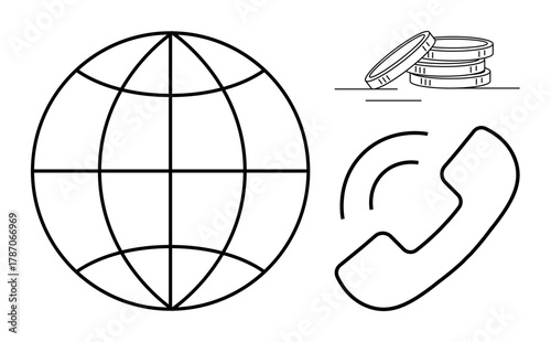 Minimalistic globe, phone receiver with signal lines, coin stack representing connectivity, finance, technology, and global communication. Ideal for business, economy, telecom investment trade