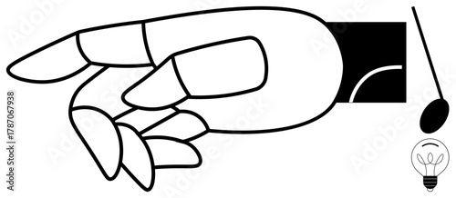 Robotic hand with articulated fingers poised to grasp, light bulb with hanging cord. Ideal for technology, automation, innovation, robotics, engineering, energy concepts futuristic ideas. Simple